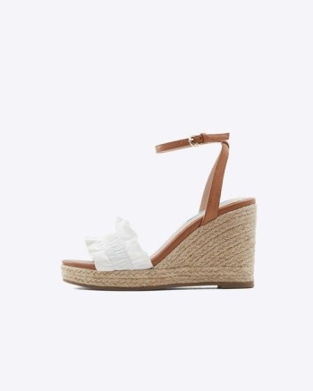 Draper James Abigail Espadrilles in White ~ ruffled front ankle strap wedges ~ brown leather frill detail wedged heels