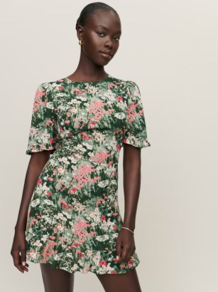 Reformation Alaina Dress in Bohemia / floral ruffle trim mini dresses / open back with tie detail / feminine looks - flipped