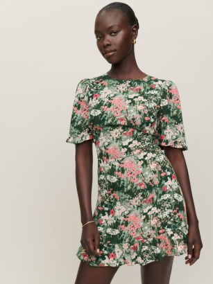 Reformation Alaina Dress in Bohemia / floral ruffle trim mini dresses / open back with tie detail / feminine looks