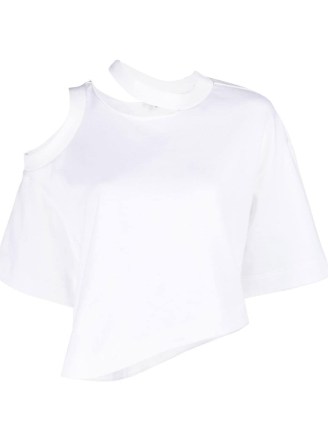 Alexander McQueen cut-out shoulder detail T-shirt in cloud white ~ women’s asymmetric cutout t-shirts ~ asymmetrical designer tee ~ farfetch - flipped