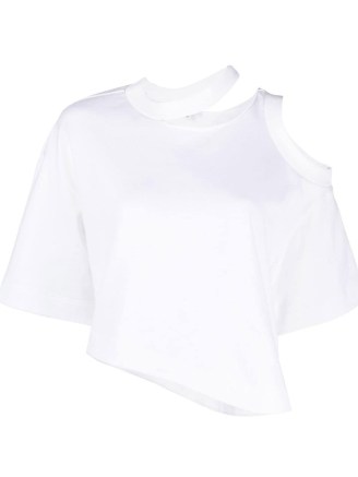 Alexander McQueen cut-out shoulder detail T-shirt in cloud white ~ women’s asymmetric cutout t-shirts ~ asymmetrical designer tee ~ farfetch