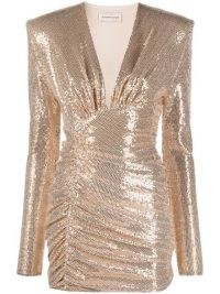Alexandre Vauthier ruched V-neck dress in rose gold / metallic plunge front evening dresses with shoulder pads / shimmering designer party fashion / glamorous occasion clothes / farfetch / glamour