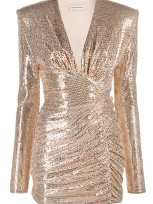 Alexandre Vauthier ruched V-neck dress in rose gold / metallic plunge front evening dresses with shoulder pads / shimmering designer party fashion / glamorous occasion clothes / farfetch / glamour - flipped