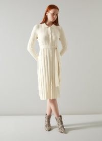 L.K. Bennett Ali Natural Merino-Blend Ribbed Knit Dress | knitted off white long sleeved tie waist dresses | knitwear fashion