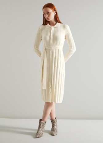 L.K. Bennett Ali Natural Merino-Blend Ribbed Knit Dress | knitted off white long sleeved tie waist dresses | knitwear fashion - flipped