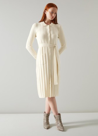 L.K. Bennett Ali Natural Merino-Blend Ribbed Knit Dress | knitted off white long sleeved tie waist dresses | knitwear fashion