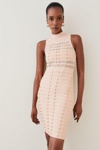 KAREN MILLEN All Over Trimmed Bandage And Mesh Mini Dress in Nude | sleeveless high neck embellished bodycon | fitted party dresses with semi sheer panels | evening glamour