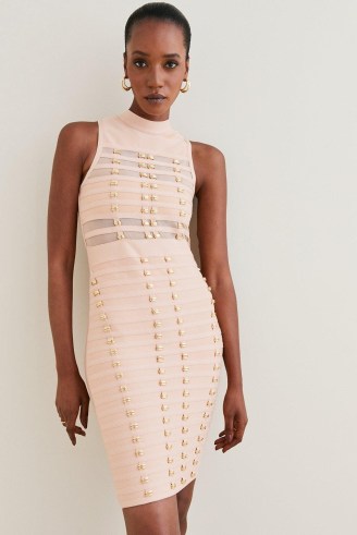 KAREN MILLEN All Over Trimmed Bandage And Mesh Mini Dress in Nude | sleeveless high neck embellished bodycon | fitted party dresses with semi sheer panels | evening glamour - flipped