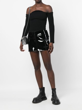 1017 ALYX 9SM embossed-logo mini skirt in black | women’s high shine skirts | glossy fashion | edgy clothes | FARFETCH