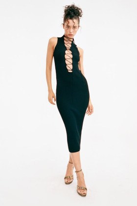 With Jéan Amethyst Midi Dress Black | sleeveless lace up front evening dresses | ribbed party fashion with a fitted silhouette | going out evening glamour - flipped