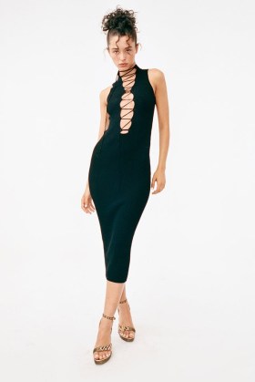 With Jéan Amethyst Midi Dress Black | sleeveless lace up front evening dresses | ribbed party fashion with a fitted silhouette | going out evening glamour