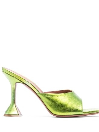 Amina Muaddi Lupita 110mm mules in green metallic leather / martini heel mule sandals / glamorous open toe party shoes / farfetch - flipped