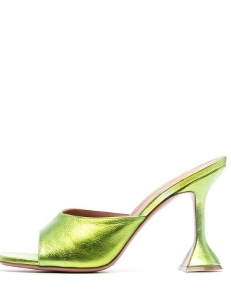 Amina Muaddi Lupita 110mm mules in green metallic leather / martini heel mule sandals / glamorous open toe party shoes / farfetch
