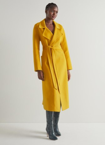 L.K. BENNETT Anderson Yellow Double-Faced Wool Coat – bright winter outerwear – colours of autumn – women’s chic tie waist wrap coats - flipped
