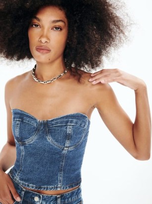Reformation Andi Denim Bustier Top in Huron ~ blue strapless bust cup tops - flipped