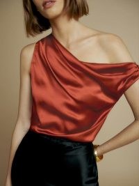 Reformation Annika Silk Top in Oxide ~ gathered asymmetric one shoulder tops ~ fluid silk charmeuse fabric clothes ~ draped detail fashion