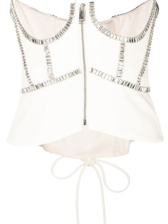 Taeyeon crystal no cup bustier top, AREA rhinestone-embellished zip-up corset in ivory white, performing ‘Step Back’ at the SM Town concert, 20th August 2022 | celebrity style fashion