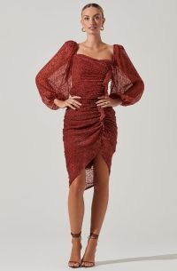 ASTR THE LABEL ATHENS BURNOUT RUCHED MIDI DRESS in CRANBERRY / feminine asymmetric evening occasion dresses / sheer long balloon sleeves / ruffled with gathered detail / glamorous party fashion / all over spot devoré