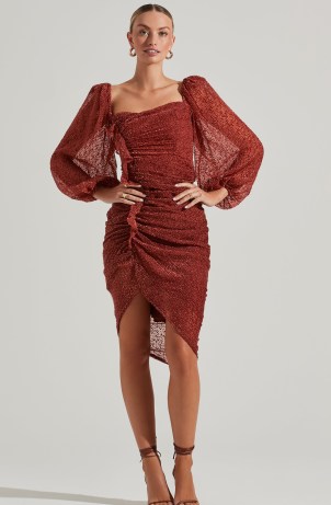 ASTR THE LABEL ATHENS BURNOUT RUCHED MIDI DRESS in CRANBERRY / feminine asymmetric evening occasion dresses / sheer long balloon sleeves / ruffled with gathered detail / glamorous party fashion / all over spot devoré - flipped