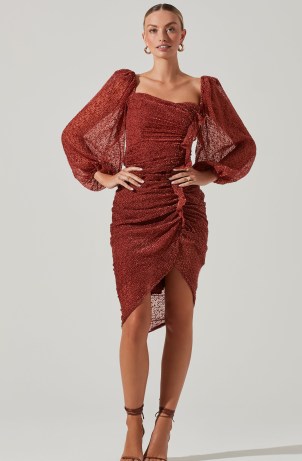 ASTR THE LABEL ATHENS BURNOUT RUCHED MIDI DRESS in CRANBERRY / feminine asymmetric evening occasion dresses / sheer long balloon sleeves / ruffled with gathered detail / glamorous party fashion / all over spot devoré