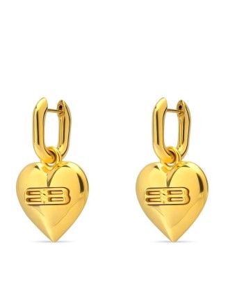 Balenciaga BB heart-shaped earrings – women’s gold tone debossed logo drops – womens designer fashion jewellery – farfetch – hearts - flipped