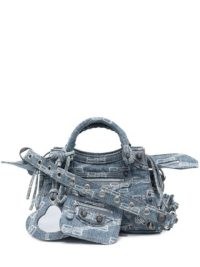 Balenciaga Neo Cagole denim tote bag light blue | small designer top handle bags | all over logo print handbags | farfetch