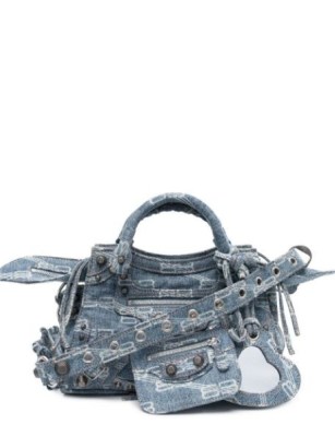 Balenciaga Neo Cagole denim tote bag light blue | small designer top handle bags | all over logo print handbags | farfetch - flipped