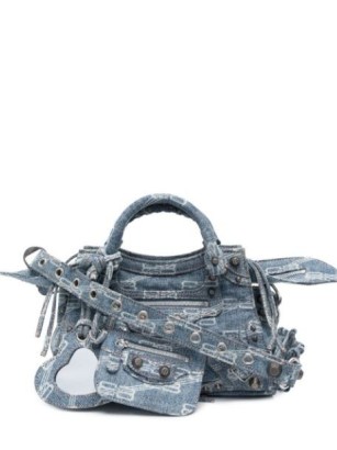 Balenciaga Neo Cagole denim tote bag light blue | small designer top handle bags | all over logo print handbags | farfetch