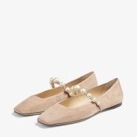 Jimmy Choo Flat Ballet Pink Suede Flats with Pearl Embellishment ~ square toe ballerinas embellished with pearls ~ luxe flats