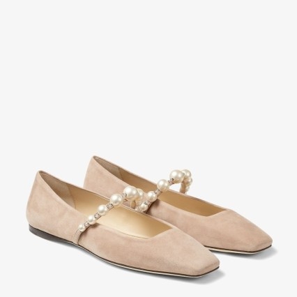 Jimmy Choo Flat Ballet Pink Suede Flats with Pearl Embellishment ~ square toe ballerinas embellished with pearls ~ luxe flats - flipped