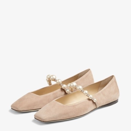 Jimmy Choo Flat Ballet Pink Suede Flats with Pearl Embellishment ~ square toe ballerinas embellished with pearls ~ luxe flats