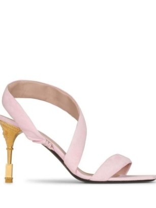 Balmain Moneta engraved-heel sandals in light pink / strappy leather and gold tone high heels / farfetch / women’s square toe designer shoes - flipped