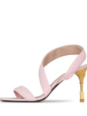 Balmain Moneta engraved-heel sandals in light pink / strappy leather and gold tone high heels / farfetch / women’s square toe designer shoes
