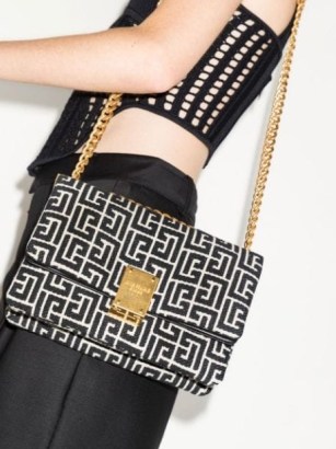 Balmain small 1945 jacquard shoulder bag in black and white ~ luxe designer gold chain strap handbags ~ farfetch - flipped