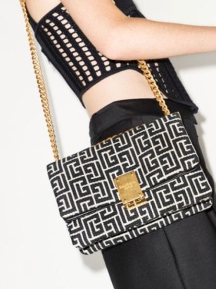Balmain small 1945 jacquard shoulder bag in black and white ~ luxe designer gold chain strap handbags ~ farfetch