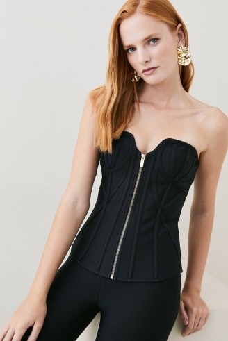 KAREN MILLEN Bandage Corset Mesh Zip Detail Top in Black | strapless fitted bodice evening tops | glamorous party fashion - flipped