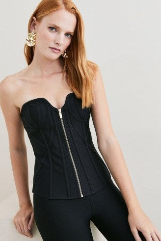 KAREN MILLEN Bandage Corset Mesh Zip Detail Top in Black | strapless fitted bodice evening tops | glamorous party fashion