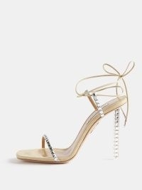 AQUAZZURA Rock Chic 105 suede sandals in beige | luxe crystal heels | ankle tie barely there occasion shoes | MATCHESFASHION | high stiletto heel | designer party footwear