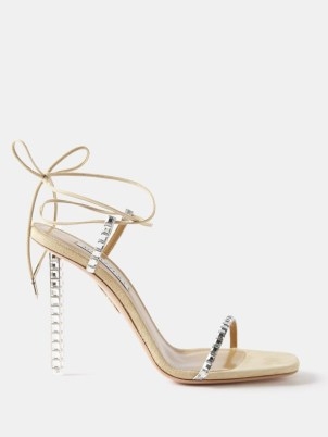 AQUAZZURA Rock Chic 105 suede sandals in beige | luxe crystal heels | ankle tie barely there occasion shoes | MATCHESFASHION | high stiletto heel | designer party footwear - flipped