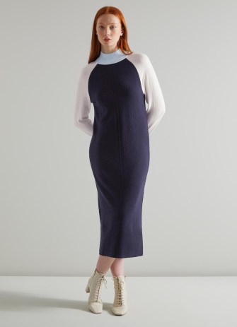 L.K. Bennett Bergen Navy Merino-Blend Colour Block Jumper Dress | long sleeve high neck colourblock sweater dresses | knitted fashion - flipped