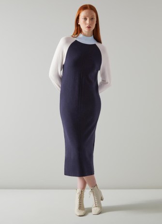 L.K. Bennett Bergen Navy Merino-Blend Colour Block Jumper Dress | long sleeve high neck colourblock sweater dresses | knitted fashion