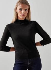 L.K. Bennett Betty Black Merino Wool Scallop Edge Jumper | chic 3/4 length sleeved jumpers | high neck scalloped trim sweaters | women’s stylish knitwear essentials