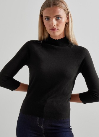 L.K. Bennett Betty Black Merino Wool Scallop Edge Jumper | chic 3/4 length sleeved jumpers | high neck scalloped trim sweaters | women’s stylish knitwear essentials - flipped