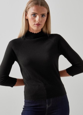 L.K. Bennett Betty Black Merino Wool Scallop Edge Jumper | chic 3/4 length sleeved jumpers | high neck scalloped trim sweaters | women’s stylish knitwear essentials
