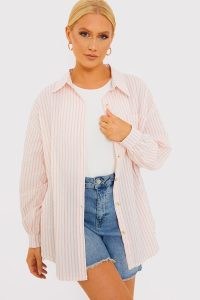 BILLIE FAIERS PINK & WHITE COTTON STRIPE SHIRT ~ women’s casual wardrobe essentials ~ womens striped oversized curve hem shirts ~ candy stripes