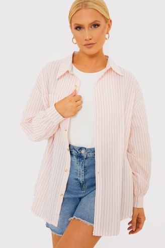BILLIE FAIERS PINK & WHITE COTTON STRIPE SHIRT ~ women’s casual wardrobe essentials ~ womens striped oversized curve hem shirts ~ candy stripes - flipped