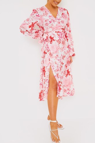 BILLIE FAIERS PINK FLORAL BALLOON SLEEVE WRAP MIDI DRESS ~ long sleeved tie waist celebrity inspired dresses - flipped