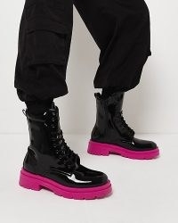RIVER ISLAND BLACK CHUNKY LACE UP BOOTS ~ women’s patent combat boots ~ hot pink sole ~ womens high shine footwear