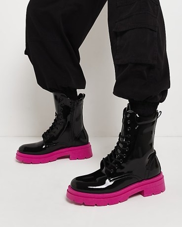 RIVER ISLAND BLACK CHUNKY LACE UP BOOTS ~ women’s patent combat boots ~ hot pink sole ~ womens high shine footwear - flipped