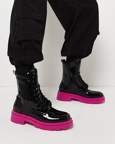 RIVER ISLAND BLACK CHUNKY LACE UP BOOTS ~ women’s patent combat boots ~ hot pink sole ~ womens high shine footwear